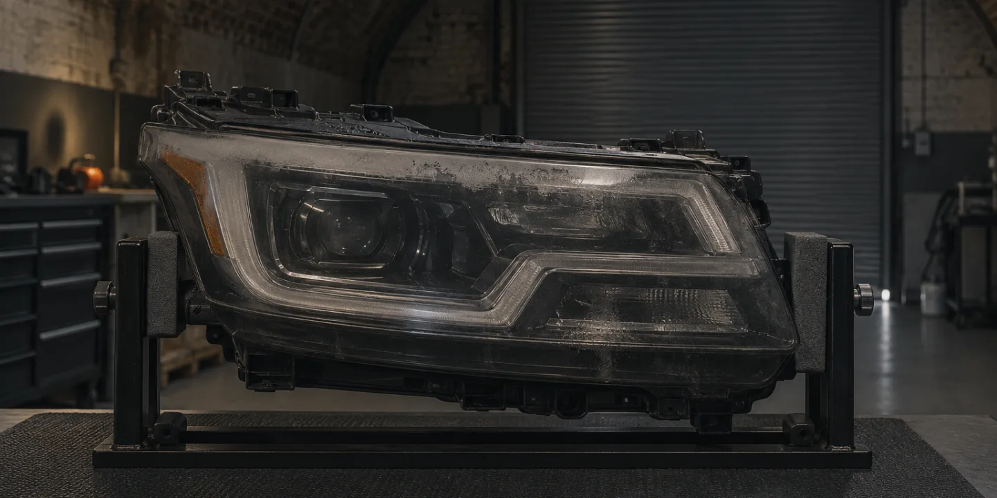 Range Rover Sport headlight on a stand, its lens weathered with a light mist inside