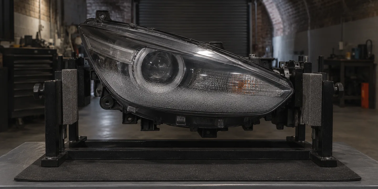 Mazda 3 headlight on a stand with moisture collected inside the lens