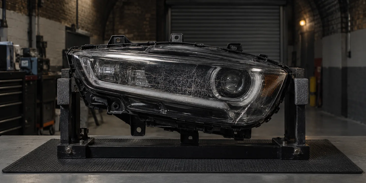 Mazda CX-5 LED headlight on a stand with a crazed, cracked cover