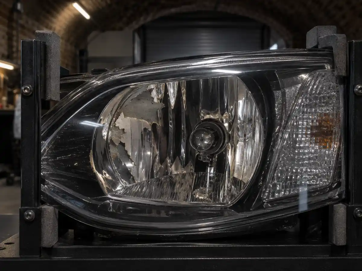 Reflector inside a headlight with its silver finish lifting after damp