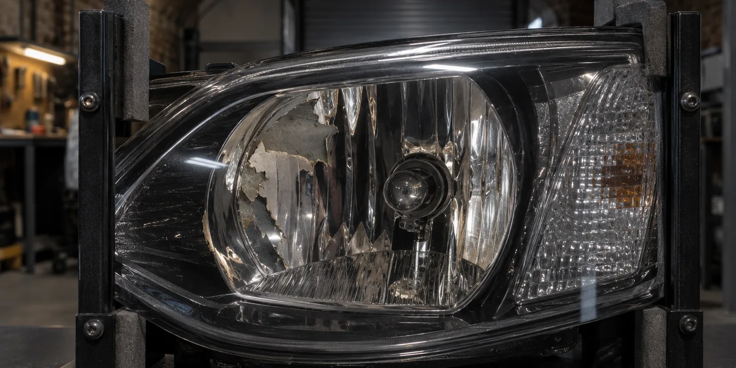 Silver finish peeling from the reflector inside a Mazda6 headlight
