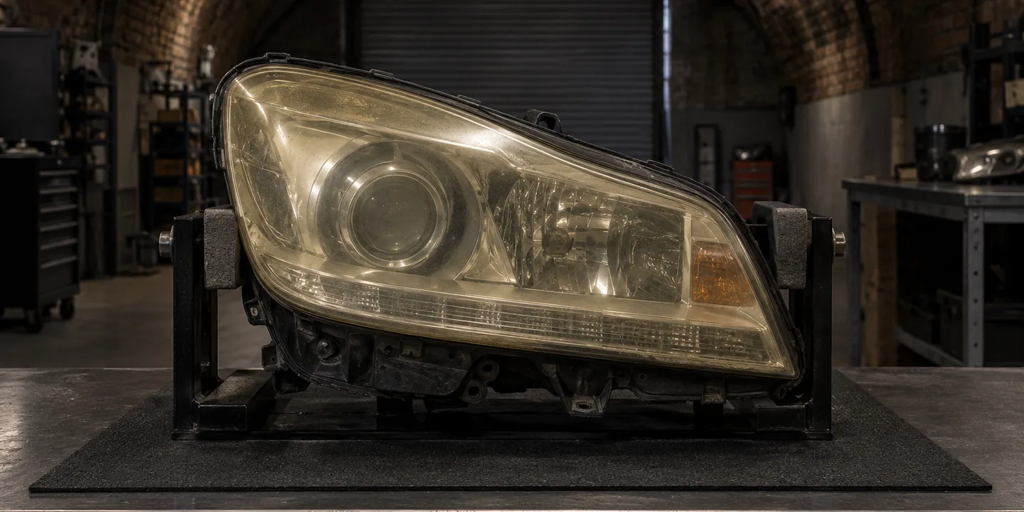 Mercedes C-Class W204 xenon headlight on a stand, its lens gone yellow