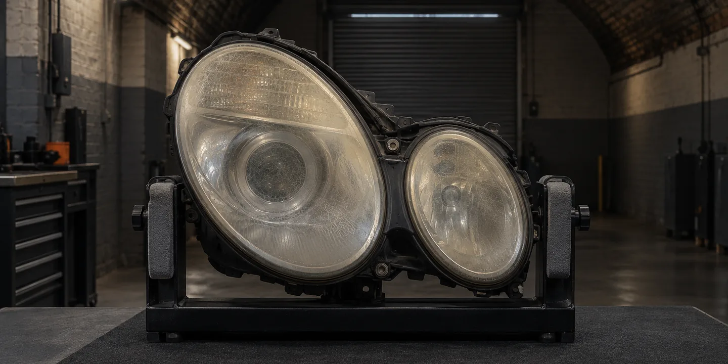 Mercedes E-Class W211 headlight on a stand, its lens yellowed and crazed