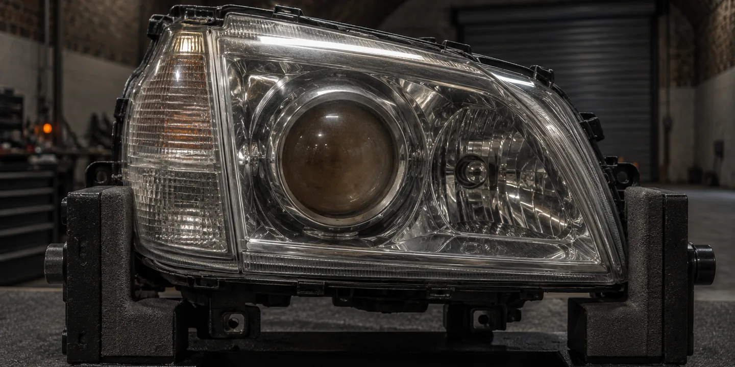 Smoky haze on the glass lens of a Mercedes xenon projector, seen up close