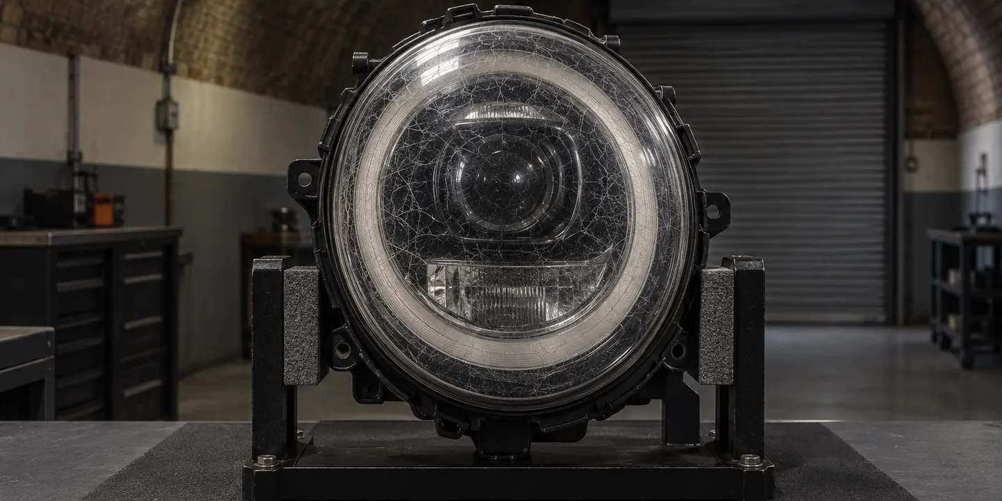 Round MINI headlight on a stand, its cover crazed across the front
