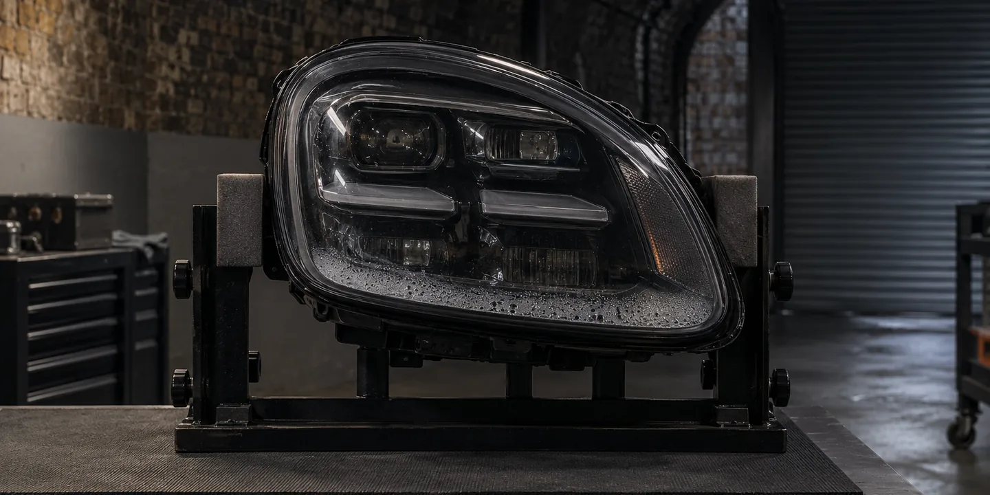 Porsche Cayenne headlight on a stand with droplets along the lower edge of its lens