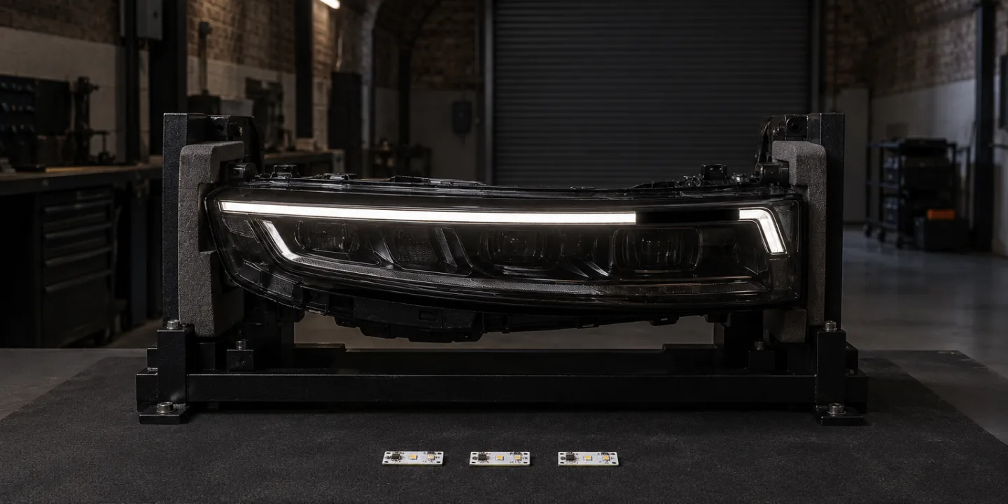 Range Rover Velar headlight on a stand, part of its slim running light dark, three small boards in front