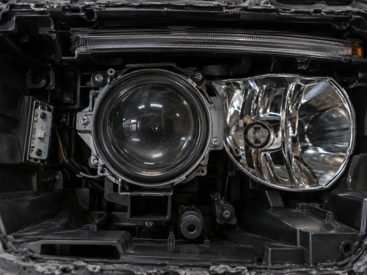 Looking inside an opened headlight at the parts that are kept