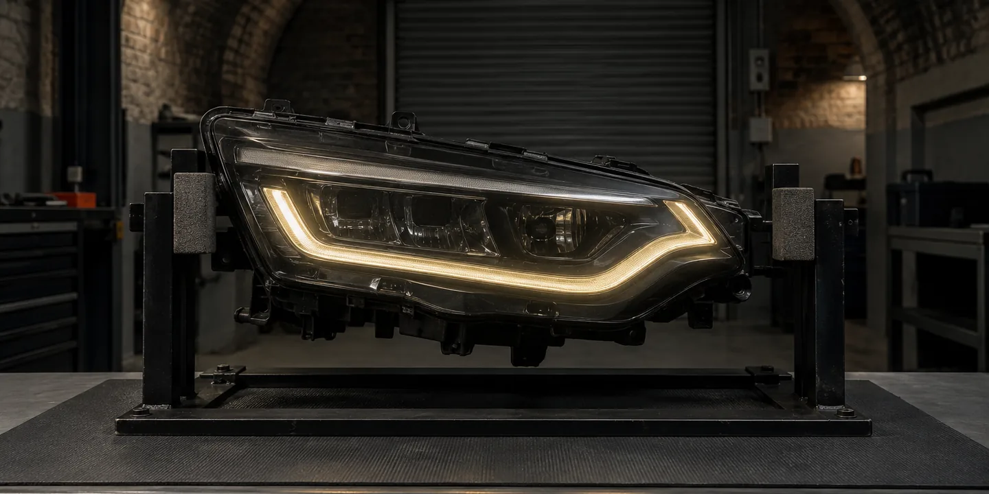 Renault Captur headlight on a test stand, its running light dulled to yellow