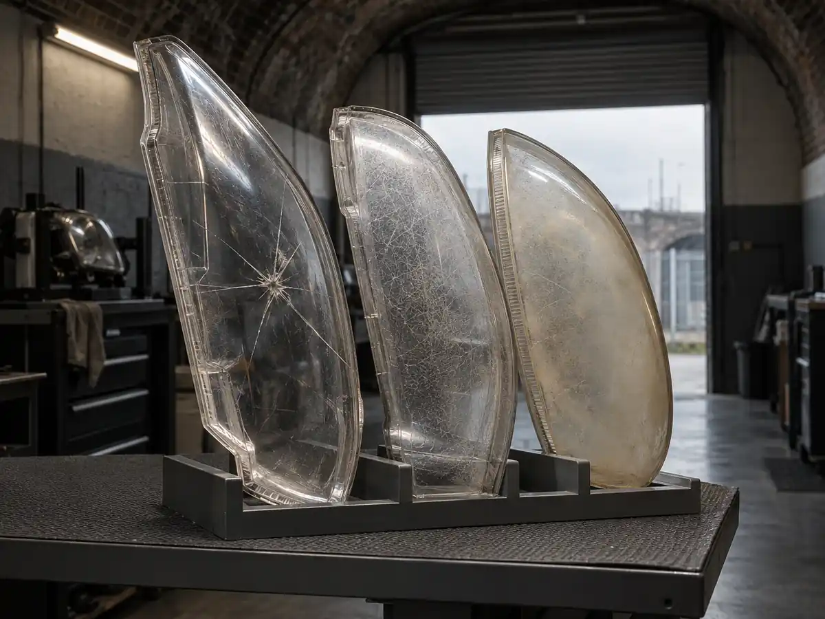 Cracked, crazed and yellowed outer lenses in a rack, the usual start of a Renault headlight repair