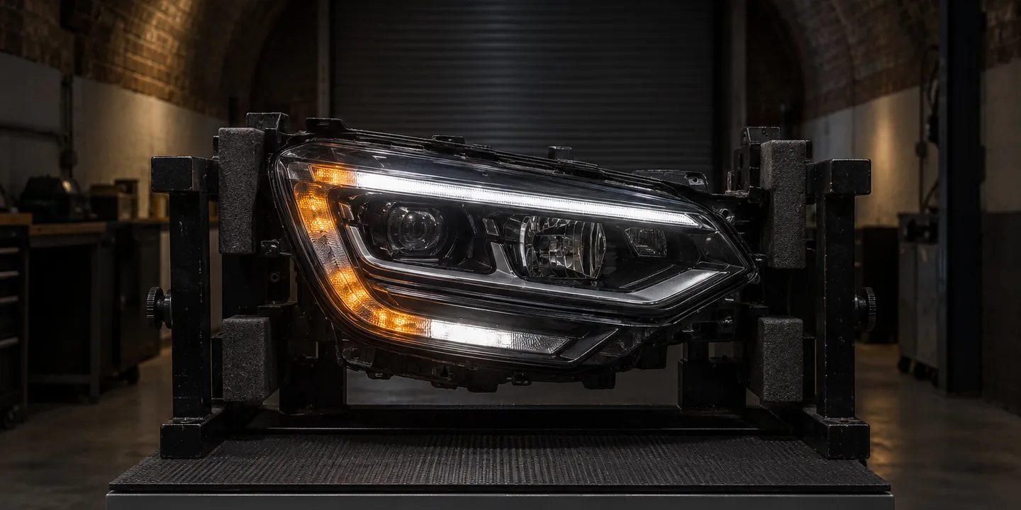 Renault Megane headlight on a stand, its C-shaped running light patchy and amber in places