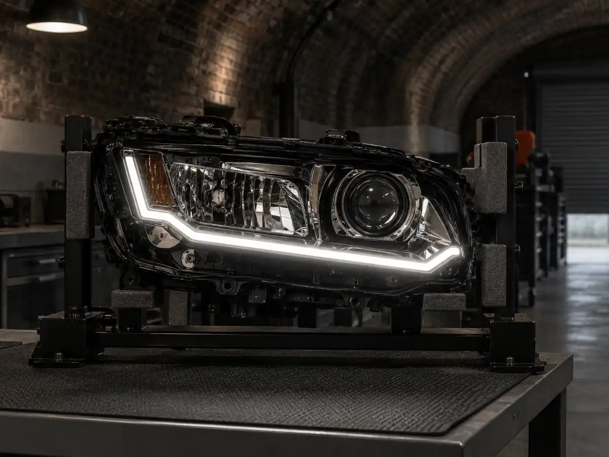Opened headlight with a new running-light guide glowing evenly white after a Renault Megane DRL repair