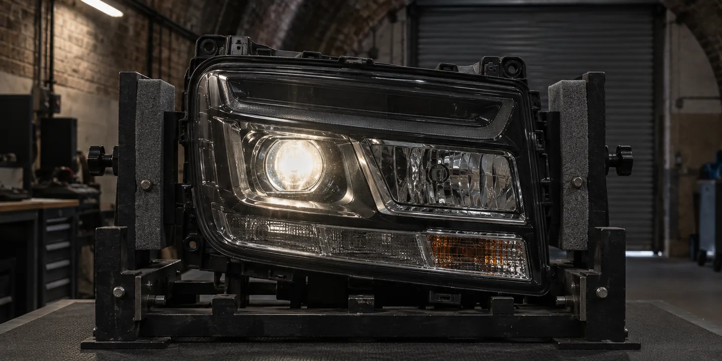 Large lorry headlight on a heavy stand, its daytime running light burnt out