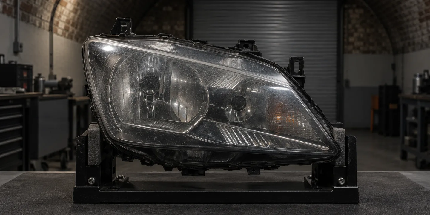 SEAT Ibiza headlight on a stand, its lens weathered and dull