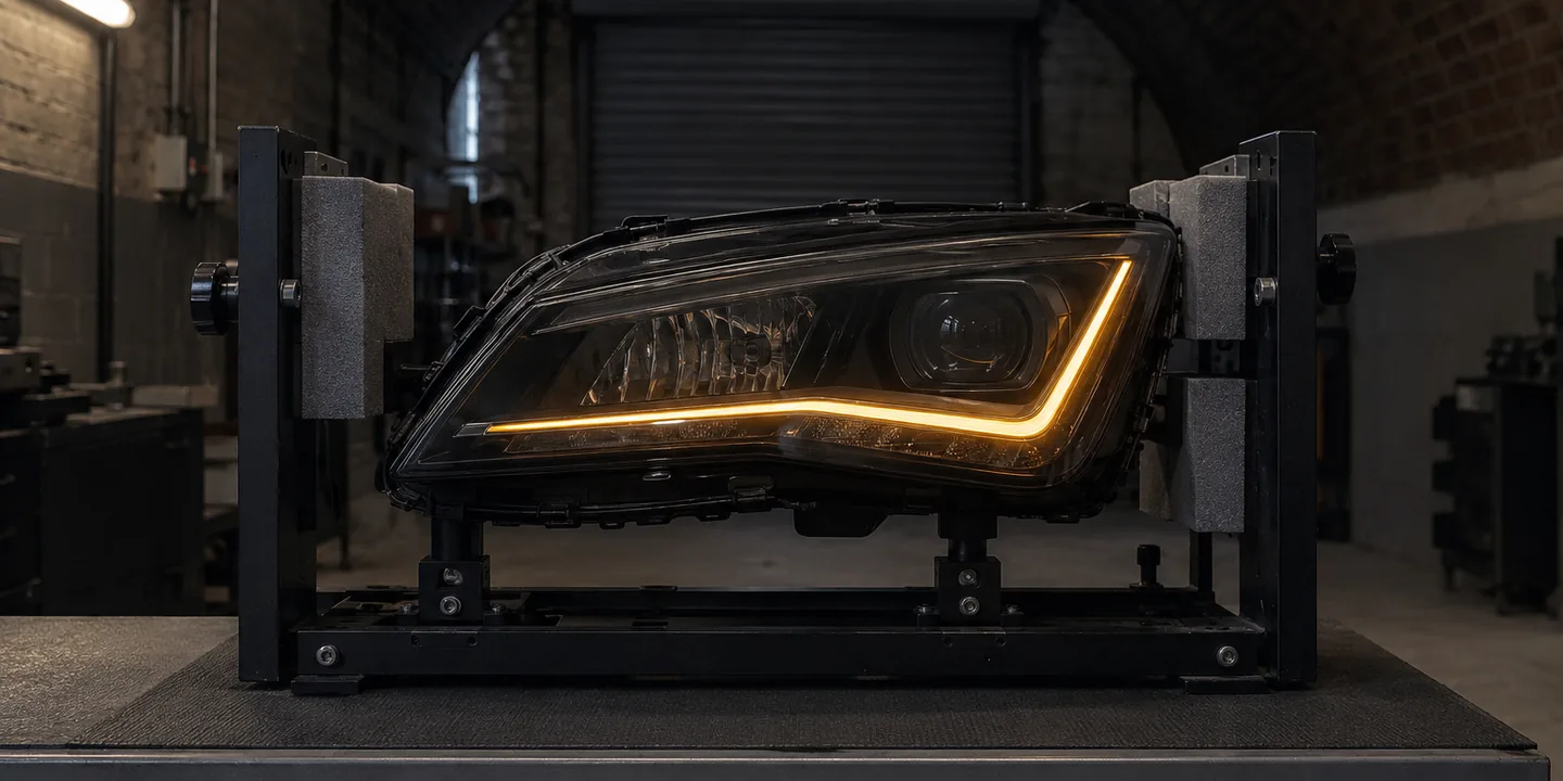 SEAT Leon headlight on a test stand, its running light faded to a deep amber