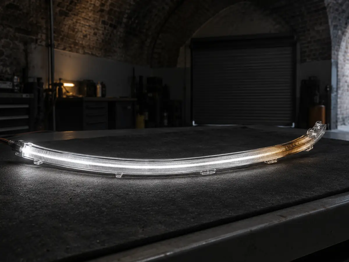 Running-light guide lit on the bench, white fading to amber, as found in a SEAT Leon headlight repair