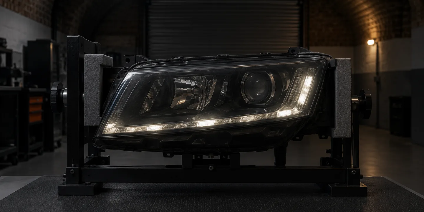 Skoda Octavia headlight on a test stand, its running light patchy and dull