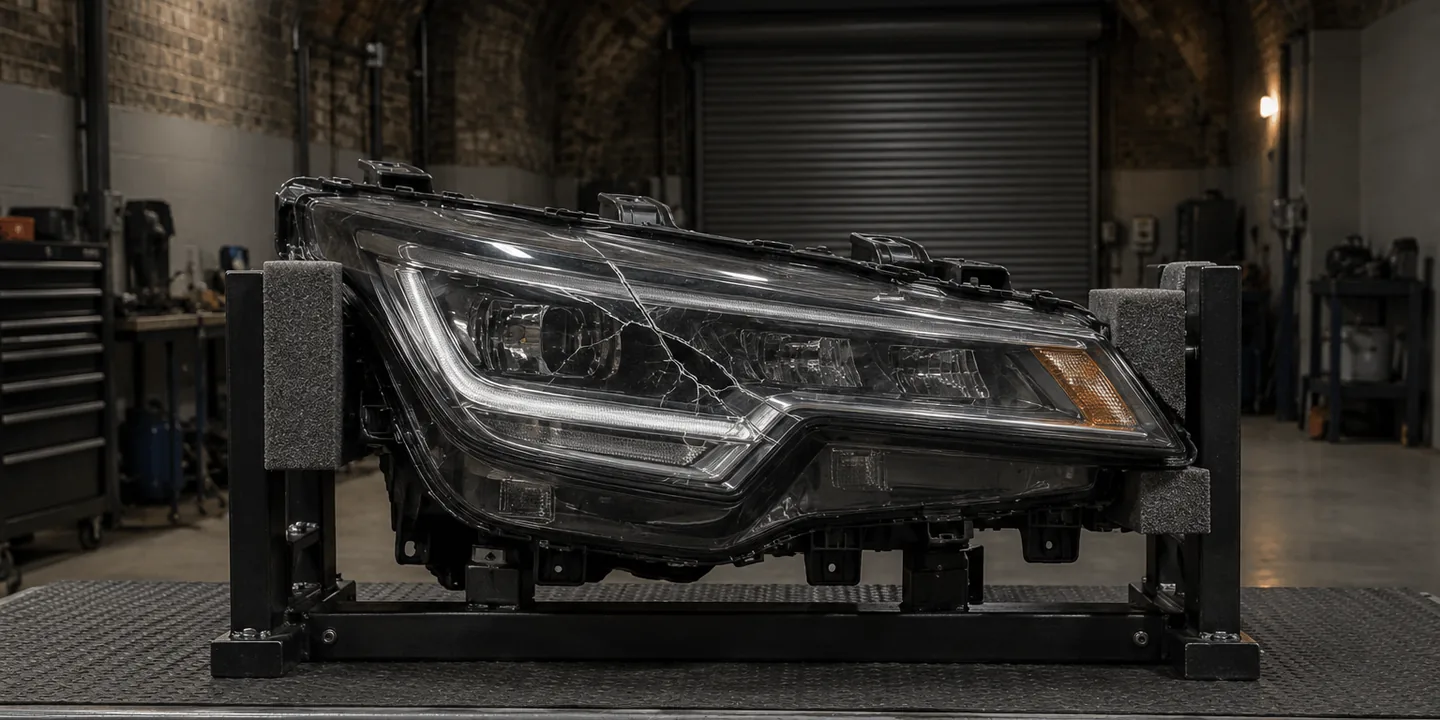 Toyota Corolla LED headlight on a stand with a stone crack in its cover