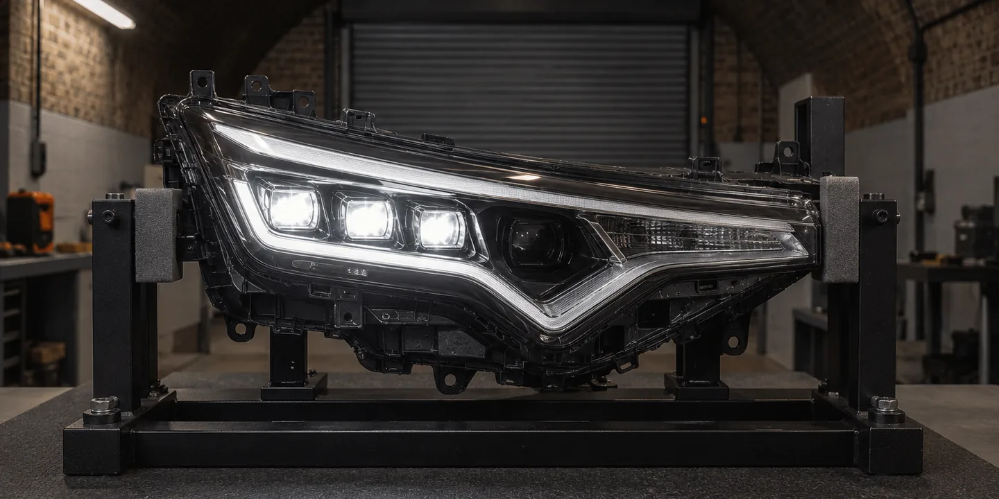 Toyota C-HR LED headlight on a test stand with one LED section dark