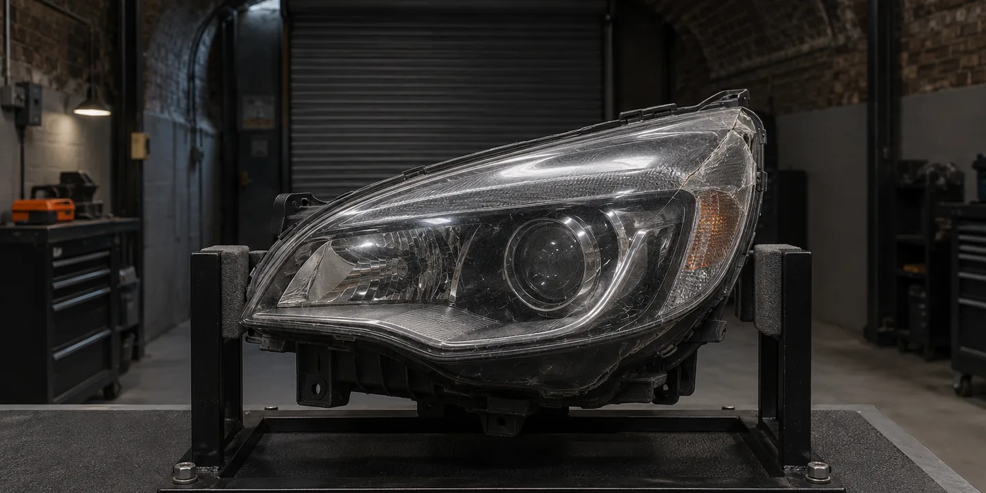 Vauxhall Astra headlight on a stand, its lens crazed and split
