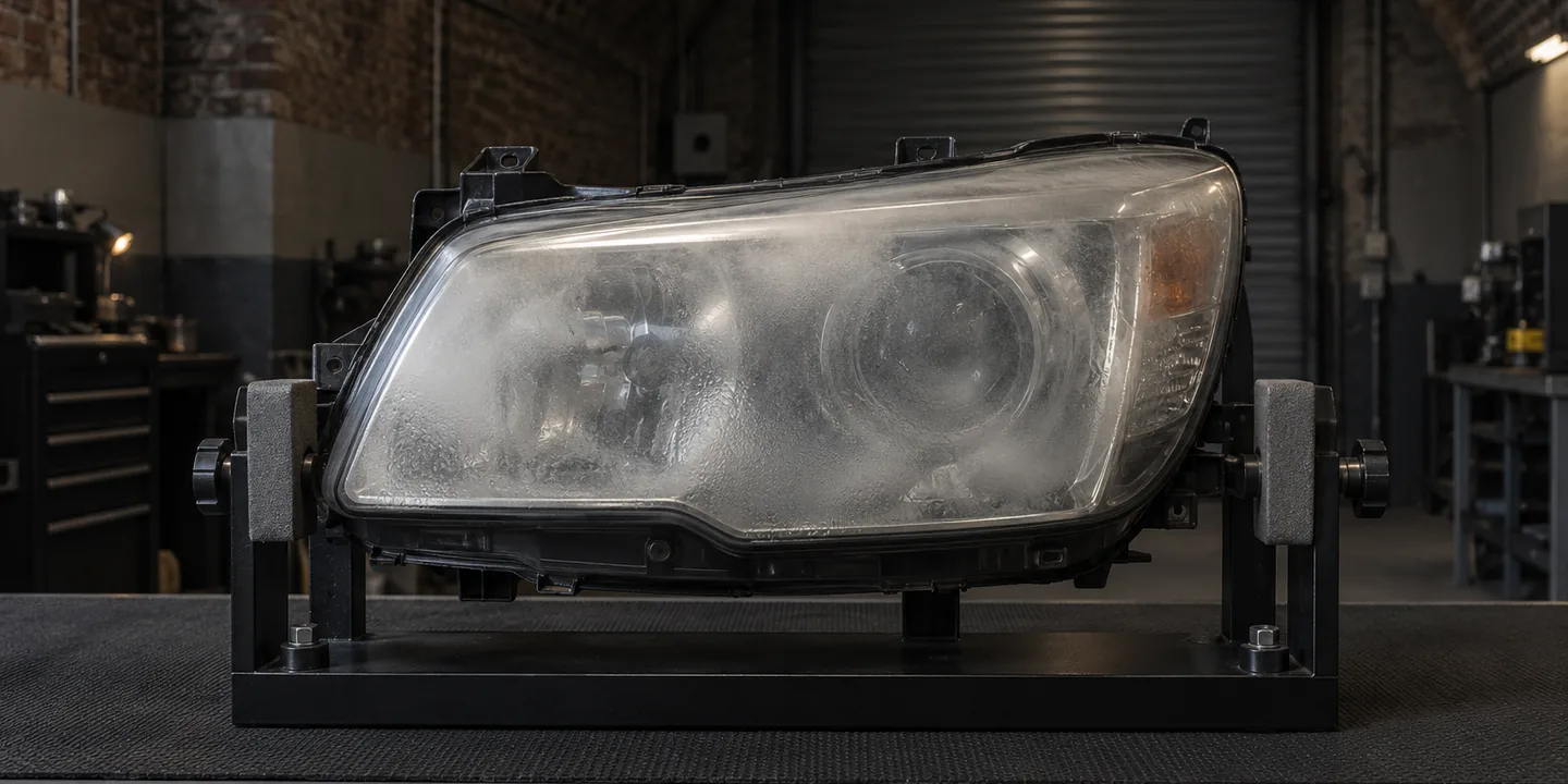 Vauxhall Insignia headlight on a stand, misted over inside its lens