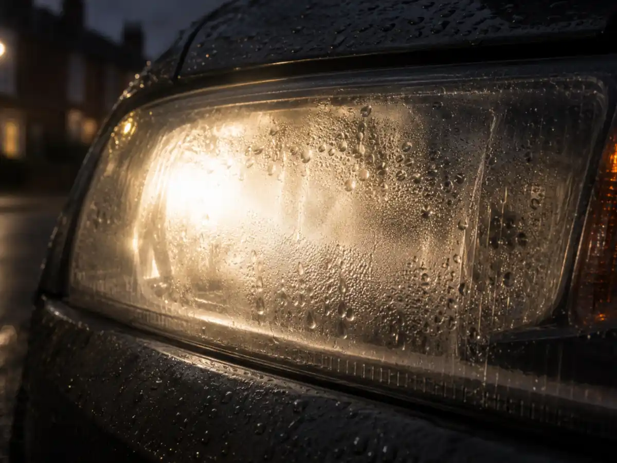 Mist and droplets inside a lit headlight at night, the usual reason for a Vauxhall Insignia headlight repair