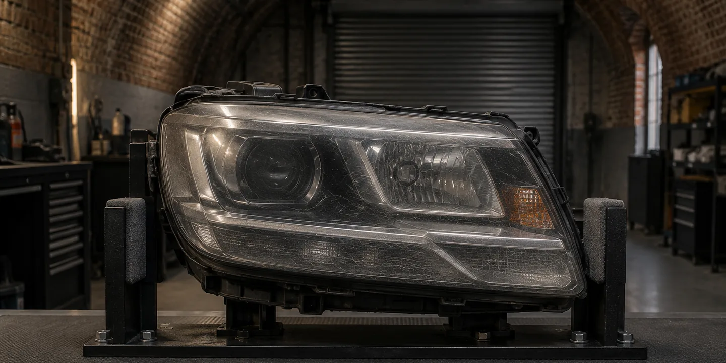 Volkswagen Tiguan headlight on a stand, its lens weathered and dull