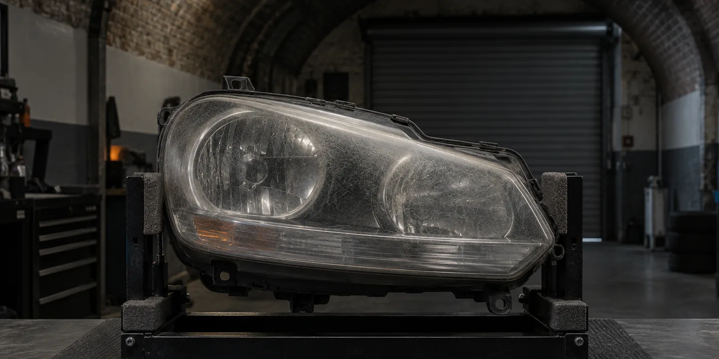VW Golf Mk6 headlight on a stand, its outer lens clouded and crazed