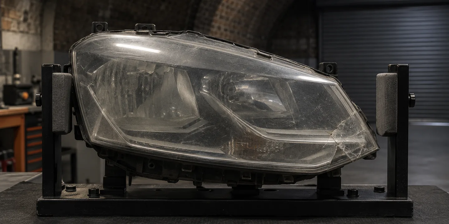 VW Polo headlight on a stand with a cracked, clouded lens