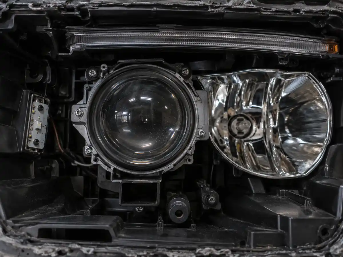 Inside an opened headlight: the projector and reflector kept in a VW Polo headlight lens replacement