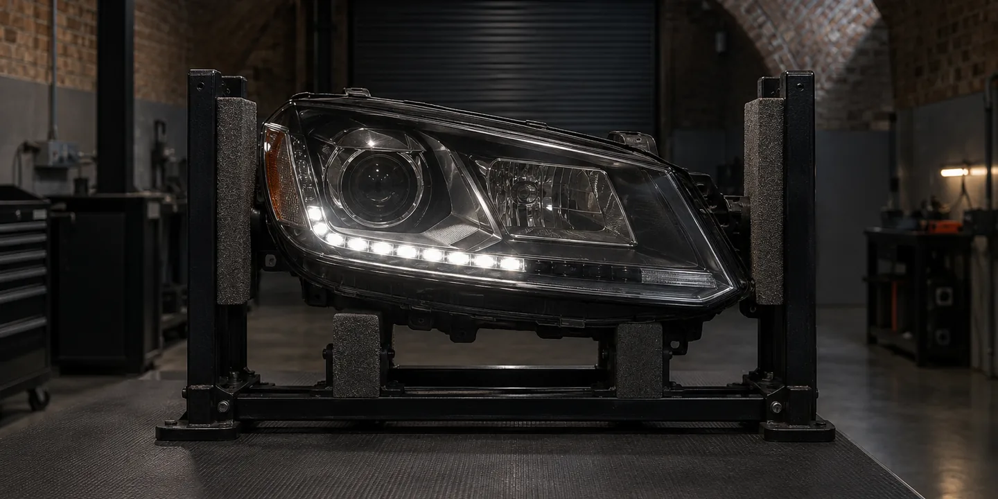 VW Touareg xenon headlight on a test stand, part of its running light dark